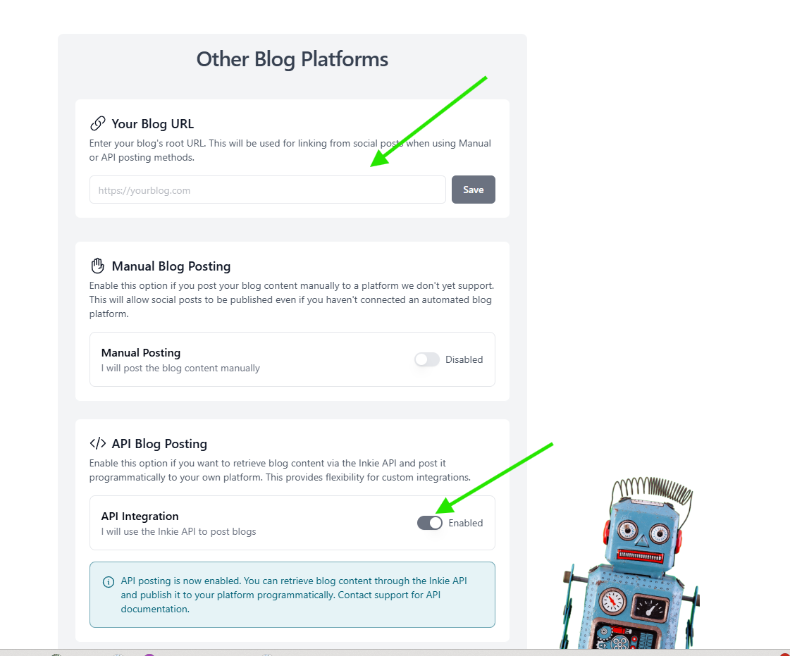 Other Blog Platforms page with an arrow pointing at the Your Blog URL field and Save button